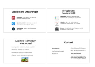 Visualisera uträkningar
Myscript calculator - miniräknare som gör om
din handskrivna text till datortext. Gratis.
Educreations - Spela in, rita och titta/lyssna
igen. Gratis.
Photomath - ta kort på ett tal som räknas ut.
Följ stegen i uträkningen. Gratis.
Påminnelser - lägg till en påminnelse för att
komma i tid eller komma ihåg en viktig händelse
ihåg enstaka händelser
Kalender - lägg in t.ex. ditt schema med
notiﬁkationer. ”Lektionen börjar om 10 minuter”
Kameran - fotografera av tavlan. Fotografera föremål
och situationer för att förtydliga.
Inbyggda hjälp- 
funktioner i iOS
Assistive Technology:
what works?
Learning culture - environment, attitudes, expectations
Knowledge - of dyslexia and it's effects
Strategies and Practices - for positive inclusion
Expertise - training, resources, smart technology
Kontakt
john.rack@lnu.se

http://dyslexiaaction.org.uk 

http://oribi.se
johanna.kristensson@halmstad.se 

Blogg: http://logopedeniskolan.se

Twitter: @JoKristensson

Aktuell bok: Alternativa lärverktyg -
digitalt stöd för elevens språk-, läs-
och skrivutveckling (Natur & Kultur)
 