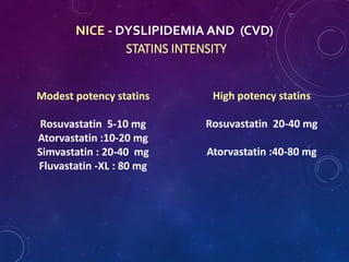 NICE - DYSLIPIDEMIA AND (CVD)
STATINS INTENSITY
Modest potency statins
Rosuvastatin 5-10 mg
Atorvastatin :10-20 mg
Simvastatin : 20-40 mg
Fluvastatin -XL : 80 mg
High potency statins
Rosuvastatin 20-40 mg
Atorvastatin :40-80 mg
 