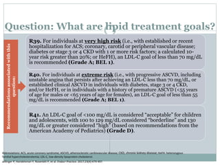 Question: What are lipid treatment goals?
R39. For individuals at very high risk (i.e., with established or recent
hospitalization for ACS; coronary, carotid or peripheral vascular disease;
diabetes or stage 3 or 4 CKD with 1 or more risk factors; a calculated 10-
year risk greater than 20%; or HeFH), an LDL-C goal of less than 70 mg/dL
is recommended (Grade A; BEL 1).
R40. For individuals at extreme risk (i.e., with progressive ASCVD, including
unstable angina that persists after achieving an LDL-C less than 70 mg/dL, or
established clinical ASCVD in individuals with diabetes, stage 3 or 4 CKD,
and/or HeFH, or in individuals with a history of premature ASCVD (<55 years
of age for males or <65 years of age for females), an LDL-C goal of less than 55
mg/dL is recommended (Grade A; BEL 1).
R41. An LDL-C goal of <100 mg/dL is considered “acceptable” for children
and adolescents, with 100 to 129 mg/dL considered “borderline” and 130
mg/dL or greater considered “high” (based on recommendations from the
American Academy of Pediatrics) (Grade D).
Recommendationsassociatedwiththis
question:
Abbreviations: ACS, acute coronary syndrome; ASCVD, atherosclerotic cardiovascular disease; CKD, chronic kidney disease; HeFH. heterozygous
familial hypercholesterolemia; LDL-C, low-density lipoprotein cholesterol.
Jellinger P, Handelsman Y, Rosenblit P, et al. Endocr Practice. 2017;23(4):479-497.
 