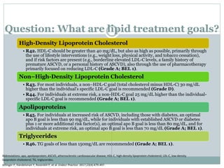 Question: What are lipid treatment goals?
High-Density Lipoprotein Cholesterol
• R42. HDL-C should be greater than 40 mg/dL, but also as high as possible, primarily through
the use of lifestyle interventions (e.g., weight loss, physical activity, and tobacco cessation),
and if risk factors are present (e.g., borderline elevated LDL-C levels, a family history of
premature ASCVD, or a personal history of ASCVD), also through the use of pharmacotherapy
primarily focused on reducing LDL-C (Grade A; BEL 1).
Non–High-Density Lipoprotein Cholesterol
• R43. For most individuals, a non–HDL-C goal (total cholesterol minus HDL-C) 30 mg/dL
higher than the individual’s specific LDL-C goal is recommended (Grade D).
• R44. For individuals at extreme risk, a non-HDL-C goal 25 mg/dL higher than the individual-
specific LDL-C goal is recommended (Grade A; BEL 1).
Apolipoproteins
• R45. For individuals at increased risk of ASCVD, including those with diabetes, an optimal
apo B goal is less than 90 mg/dL, while for individuals with established ASCVD or diabetes
plus 1 or more additional risk factor(s), an optimal apo B goal is less than 80 mg/dL, and for
individuals at extreme risk, an optimal apo B goal is less than 70 mg/dL (Grade A; BEL 1).
Triglycerides
• R46. TG goals of less than 150mg/dL are recommended (Grade A; BEL 1).
Abbreviations: apo, apolipoprotein; ASCVD, atherosclerotic cardiovascular disease; HDL-C, high-density lipoprotein cholesterol; LDL-C, low-density
lipoprotein cholesterol; TG, triglycerides.
Jellinger P, Handelsman Y, Rosenblit P, et al. Endocr Practice. 2017;23(4):479-497.
 