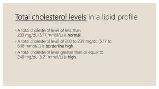 Total cholesterol levels in a lipid profile
◦ A total cholesterol level of less than
200 mg/dL (5.17 mmol/L) is normal.
◦ A total cholesterol level of 200 to 239 mg/dL (5.17 to
6.18 mmol/L) is borderline high.
◦ A total cholesterol level greater than or equal to
240 mg/dL (6.21 mmol/L) is high.
 