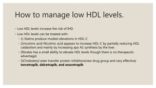 How to manage low HDL levels.
◦ Low HDL levels increase the risk of IHD.
◦ Low HDL levels can be treated with-
◦ 1) Statins produce modest elevations in HDL-C
◦ 2)nicotinic acid-Nicotinic acid appears to increase HDL-C by partially reducing HDL
catabolism and mainly by increasing apo A1 synthesis by the liver.
◦ (fibrates has a small ability to elevate HDL levels though there is no therapeutic
advantage)
◦ 3)Cholesteryl ester transfer protein inhibitors(new drug group and very effective)
torcetrapib, dalcetrapib, and anacetrapib
 