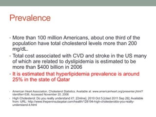 Prevalence
• More than 100 million Americans, about one third of the
population have total cholesterol levels more than 200
mg/dL.
• Total cost associated with CVD and stroke in the US many
of which are related to dyslipidemia is estimated to be
more than $400 billion in 2006
• It is estimated that hyperlipidemia prevalence is around
25% in the state of Qatar
• American Heart Association. Cholesterol Statistics. Available at: www.americanheart.org/presenter.jhtml?
identifier=536. Accessed November 20, 2006
• High Cholesterol: Do you really understand it?. [Online]. 2010 Oct 5 [cited 2011 Sep 26]; Available
from: URL: http://www.thepeninsulaqatar.com/health/128194-high-cholesteroldo-you-really-
understand-it.html
 