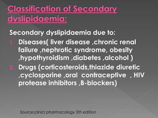 Secondary dyslipidaemia due to: 
1. Diseases( liver disease ,chronic renal 
failure ,nephrotic syndrome, obesity 
,hypothyroidism ,diabetes ,alcohol ) 
2. Drugs (corticosteroids,thiazide diuretic 
,cyclosporine ,oral contraceptive , HIV 
protease inhibitors ,B-blockers) 
Source:clinicl pharmacology 5th edition 
 