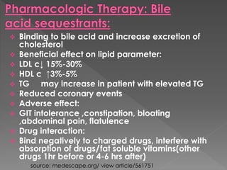  Binding to bile acid and increase excretion of 
cholesterol 
 Beneficial effect on lipid parameter: 
 LDL c↓ 15%-30% 
 HDL c ↑3%-5% 
 TG may increase in patient with elevated TG 
 Reduced coronary events 
 Adverse effect: 
 GIT intolerance ,constipation, bloating 
,abdominal pain, flatulence 
 Drug interaction: 
 Bind negatively to charged drugs, interfere with 
absorption of drugs/fat soluble vitamins(other 
drugs 1hr before or 4-6 hrs after) 
source: medescape.org/ view article/561751 
 