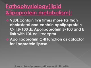  VLDL contain five times more TG than 
cholesterol and contain apolipoprotein 
C-II,B-100 ,E. Apolipoprotein B-100 and E 
link with LDL cell receptor. 
 Apo lipoprotein C-II function as cofactor 
for lipoprotein lipase. 
Source:clinical pharmacy &therapeutic 5th edition 
 