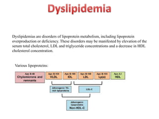 Dyslipidemias are disorders of lipoprotein metabolism, including lipoprotein
overproduction or deficiency. These disorders may be manifested by elevation of the
serum total cholesterol, LDL and triglyceride concentrations and a decrease in HDL
cholesterol concentration.
Various lipoproteins:
 