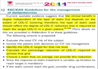 Baseline LDL-C LDL-C reduction to reach target
> 200 > 50%
180-200 > 50%
160-180 > 50%
140-160 > 50%
120-140 40-50%
3. M. Bucci, A. Mezzetti, per conto della SISA sezione Abruzzo
1. Grundy SM et al. Circulation 2004; 110:227-239
2. Smith S. et al. J.Am. Coll. Cardiol. 2006; 2130-2139
TARGET LDL-C < 70 (1.8)
 