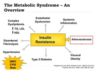 The Metabolic Syndrome – An Overview Insulin Resistance Hypertension Type 2 Diabetes Disordered Fibrinolysis Complex Dyslipidemia TG, LDL HDL Endothelial Dysfunction Systemic Inflammation Atherosclerosis Visceral Obesity Adapted from the ADA.  Diabetes Care.  1998;21:310-314; Pradhan AD et al.  JAMA.  2001;286:327-334.  200% CVD Risk 
