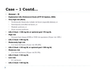 Case – 1 Contd… Answer - D Explanation LDL Cholesterol Goals (ATP III Update, 2004)   Very high risk (New)  Cardiovascular disease plus multiple risk factors (especially diabetes), or  Severe/poorly controlled risk factors, or  Metabolic syndrome, or  Acute coronary syndrome  LDL-C   Goal : <100 mg/dL or optional goal <70 mg/dL   High risk   Coronary heart disease (CHD) or CHD risk equivalents (10-year risk >20% )  LDL-C   Goal: <100 mg/dL   Moderately high risk   2 or more risk factors (10 year risk 10%-20%)  LDL-C   Goal: <130 mg/dL or optional goal <100 mg/dL   Moderate risk   2 or more risk factors (10-year risk 5%-10%)  LDL-C   Goal: <130 mg/dL   Low risk:  0-1 risk factors  LDL-C   Goal: <160 mg/dL   