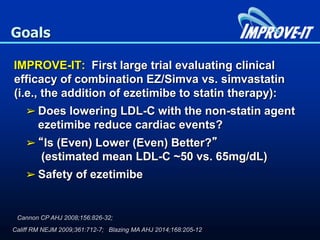 Goals
IMPROVE-IT: First large trial evaluating clinical
efficacy of combination EZ/Simva vs. simvastatin
(i.e., the addition of ezetimibe to statin therapy):
➢ Does lowering LDL-C with the non-statin agent
ezetimibe reduce cardiac events?
➢ “Is (Even) Lower (Even) Better?”
(estimated mean LDL-C ~50 vs. 65mg/dL)
➢ Safety of ezetimibe
Cannon CP AHJ 2008;156:826-32;
Califf RM NEJM 2009;361:712-7; Blazing MA AHJ 2014;168:205-12
 