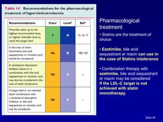 Slide 46
• Statins are the treatment of
choice
• Ezetimibe, bile acid
sequestrant or niacin can use in
the case of Statins intolerance
• Combination therapy with
ezetimibe, bile acid sequestrant
or niacin may be considered
if the LDL-C target is not
achieved with statin
monotherapy.
Pharmacological
treatment
 