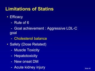 Slide 48
Limitations of Statins
• Efficacy
- Rule of 6
- Goal achievement : Aggressive LDL-C
goal
- Cholesterol balance
• Safety (Dose Related)
- Muscle Toxicity
- Hepatotoxicity
- New onset DM
- Acute kidney injury
 
