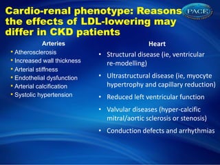 Cardio-renal phenotype: Reasons
the effects of LDL-lowering may
differ in CKD patients
Arteries
• Atherosclerosis
• Increased wall thickness
• Arterial stiffness
• Endothelial dysfunction
• Arterial calcification
• Systolic hypertension
Heart
• Structural disease (ie, ventricular
re-modelling)
• Ultrastructural disease (ie, myocyte
hypertrophy and capillary reduction)
• Reduced left ventricular function
• Valvular diseases (hyper-calcific
mitral/aortic sclerosis or stenosis)
• Conduction defects and arrhythmias
 