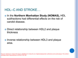 HDL–C AND STROKE…
 In the Northern Manhattan Study (NOMAS), HDL
subfractions had differential effects on the risk of
carotid disease.
 Direct relationship between HDL2 and plaque
thickness
 Inverse relationship between HDL3 and plaque
area.
Tiozzo E, Gardener H, Hudson BI, Dong C, DellaMorte D, Crisby M, et al. Highdensitylipoprotein subfractions and carotid plaque: The northern
manhattan study. Atherosclerosis. 2014;237:163–168.
 