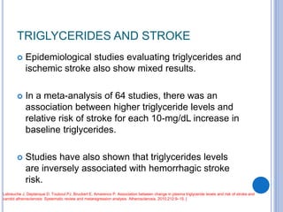 TRIGLYCERIDES AND STROKE
 Epidemiological studies evaluating triglycerides and
ischemic stroke also show mixed results.
 In a meta-analysis of 64 studies, there was an
association between higher triglyceride levels and
relative risk of stroke for each 10-mg/dL increase in
baseline triglycerides.
 Studies have also shown that triglycerides levels
are inversely associated with hemorrhagic stroke
risk.
Labreuche J, Deplanque D, Touboul PJ, Bruckert E, Amarenco P. Association between change in plasma triglyceride levels and risk of stroke and
carotid atherosclerosis: Systematic review and metaregression analysis. Atherosclerosis. 2010;212:9–15. [
 