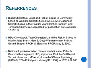 REFERRENCES
 Blood Cholesterol Level and Risk of Stroke in Community-
based or Worksite Cohort Studies: A Review of Japanese
Cohort Studies in the Past 20 years;Taichiro Tanaka1 and
Tomonori Okamura2; (Accepted for publication on November
17, 2011).
 HDL-Cholesterol, Total Cholesterol, and the Risk of Stroke in
Middle-Aged British Men;S. Goya Wannamethee, PhD; A.
Gerald Shaper, FRCP; S. Ebrahim, FRCP; May 5, 2000.
 National Lipid Association Recommendations for Patient-
Centered Management of Dyslipidemia: Part 1—Full Report
Terry A. Jacobson, MD et al; Journal of Clinical Lipidology
(2015) 9, 129–169 http://dx.doi.org/10.1016/j.jacl.2015.02.003
 