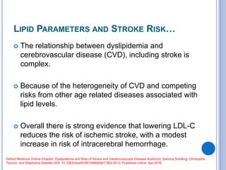 LIPID PARAMETERS AND STROKE RISK…
 The relationship between dyslipidemia and
cerebrovascular disease (CVD), including stroke is
complex.
 Because of the heterogeneity of CVD and competing
risks from other age related diseases associated with
lipid levels.
 Overall there is strong evidence that lowering LDL-C
reduces the risk of ischemic stroke, with a modest
increase in risk of intracerebral hemorrhage.
Oxford Medicine Online Chapter: Dyslipidemia and Risk of Stroke and Cerebrovascular Disease Author(s): Sabrina Schilling, Christophe
Tzourio, and Stéphanie Debette DOI: 10.1093/med/9780199895847.003.0013; Published online: Apr 2016
 
