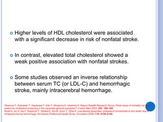  Higher levels of HDL cholesterol were associated
with a significant decrease in risk of nonfatal stroke.
 In contrast, elevated total cholesterol showed a
weak positive association with nonfatal strokes.
 Some studies observed an inverse relationship
between serum TC (or LDL-C) and hemorrhagic
stroke, mainly intracerebral hemorrhage.
Okamura T, Kadowaki T, Hayakawa T, Kita Y, Okayama A, Ueshima H: Nippon Data80 Research Group: What cause of mortality can we
predict by cholesterol screening in the Japanese general population? J Intern Med 2003; 253: 169–180.
Noda H, Iso H, Irie F, Sairenchi T, Ohtaka E, Doi M, Izumi Y, Ohta H: Low-density lipoprotein cholesterol concentrations and death due to
intraparenchymal hemorrhage: the Ibaraki Prefectural Health Study. Circulation 2009; 119: 2136–2145.
 