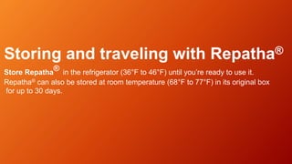 Storing and traveling with Repatha®
Store Repatha
® in the refrigerator (36°F to 46°F) until you’re ready to use it.
Repatha® can also be stored at room temperature (68°F to 77°F) in its original box
for up to 30 days.
 
