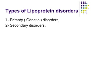 Types of Lipoprotein disorders
1- Primary ( Genetic ) disorders
2- Secondary disorders.
 