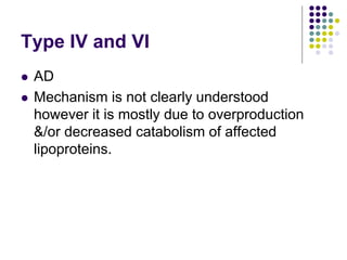 Type IV and VI
 AD
 Mechanism is not clearly understood
however it is mostly due to overproduction
&/or decreased catabolism of affected
lipoproteins.
 