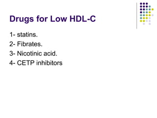 Drugs for Low HDL-C
1- statins.
2- Fibrates.
3- Nicotinic acid.
4- CETP inhibitors
 
