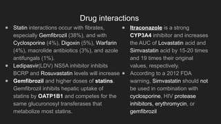 Drug interactions
● Statin interactions occur with fibrates,
especially Gemfibrozil (38%), and with
Cyclosporine (4%), Digoxin (5%), Warfarin
(4%), macrolide antibiotics (3%), and azole
antifungals (1%).
● Ledipasvir(LDV) NS5A inhibitor inhibits
BCRP and Rosuvastatin levels will increase
● Gemfibrozil and higher doses of statins.
Gemfibrozil inhibits hepatic uptake of
statins by OATP1B1 and competes for the
same glucuronosyl transferases that
metabolize most statins.
● Itraconazole is a strong
CYP3A4 inhibitor and increases
the AUC of Lovastatin acid and
Simvastatin acid by 15-20 times
and 19 times their original
values, respectively.
● According to a 2012 FDA
warning, Simvastatin should not
be used in combination with
cyclosporine, HIV protease
inhibitors, erythromycin, or
gemfibrozil
 