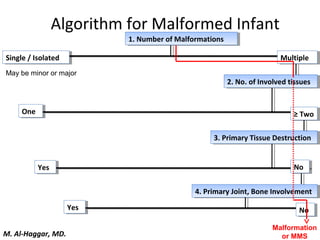 Algorithm for Malformed Infant
1. Number of Malformations1. Number of Malformations
2. No. of Involved tissues2. No. of Involved tissues
3. Primary Tissue Destruction3. Primary Tissue Destruction
May be minor or major
Single / IsolatedSingle / Isolated MultipleMultiple
OneOne ≥ Two≥ Two
YesYes NoNo
4. Primary Joint, Bone Involvement4. Primary Joint, Bone Involvement
YesYes
Malformation
or MMS
NoNo
M. Al-Haggar, MD.
 