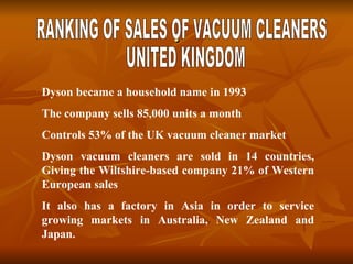 . Dyson became a household name in 1993  The company sells 85,000 units a month  Controls 53% of the UK vacuum cleaner market  Dyson vacuum cleaners are sold in 14 countries, Giving the Wiltshire-based company 21% of Western European sales  It also has a factory in Asia in order to service growing markets in Australia, New Zealand and Japan.   RANKING OF SALES OF VACUUM CLEANERS UNITED KINGDOM 