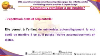 11
- L’épellation orale et séquentielle:
Elle permet à l’enfant de mémoriser automatiquement le mot
épelé de manière à ce qu’il puisse l’écrire automatiquement en
dictée.
Comment y remédier a ce trouble?
 