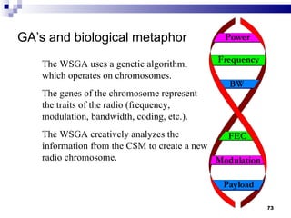 GA’s and biological metaphor The WSGA uses a genetic algorithm, which operates on chromosomes. The genes of the chromosome represent the traits of the radio (frequency, modulation, bandwidth, coding, etc.). The WSGA creatively analyzes the information from the CSM to create a new radio chromosome. 