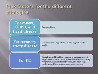 •Smoking history
For cancer,
COPD, and
heart disease
•Family history, hypertension, and high cholesterol
levels
For coronary
artery disease
•Recent immobilization , trauma or surgery, recent
long-distance travel, prior or family history of clotting,
pregnancy, oral contraceptive use, calf pain, leg
swelling, and known deep venous thrombosis
For PE
 