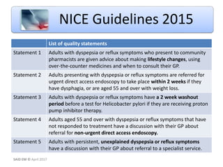 NICE Guidelines 2015
List of quality statements
Statement 1 Adults with dyspepsia or reflux symptoms who present to community
pharmacists are given advice about making lifestyle changes, using
over-the-counter medicines and when to consult their GP.
Statement 2 Adults presenting with dyspepsia or reflux symptoms are referred for
urgent direct access endoscopy to take place within 2 weeks if they
have dysphagia, or are aged 55 and over with weight loss.
Statement 3 Adults with dyspepsia or reflux symptoms have a 2 week washout
period before a test for Helicobacter pylori if they are receiving proton
pump inhibitor therapy.
Statement 4 Adults aged 55 and over with dyspepsia or reflux symptoms that have
not responded to treatment have a discussion with their GP about
referral for non-urgent direct access endoscopy.
Statement 5 Adults with persistent, unexplained dyspepsia or reflux symptoms
have a discussion with their GP about referral to a specialist service.
SAID EM © April 2017
 