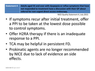 • If symptoms recur after initial treatment, offer
a PPI to be taken at the lowest dose possible
to control symptoms.
• Offer H2RA therapy if there is an inadequate
response to a PPI.
• TCA may be helpful in persistent FD.
• Prokinatic agents are no longer recommended
by NICE due to lack of evidence an side
effects.
Statement 4 Adults aged 55 and over with dyspepsia or reflux symptoms that have
not responded to treatment have a discussion with their GP about
referral for non-urgent direct access endoscopy.
NICE Quality Statement 4, July 2015
SAID EM © April 2017
 