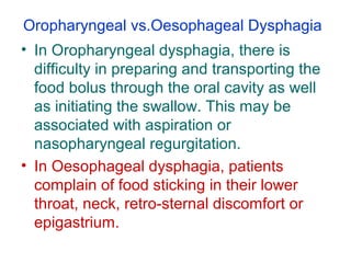 Oropharyngeal vs.Oesophageal Dysphagia
• In Oropharyngeal dysphagia, there is
difficulty in preparing and transporting the...