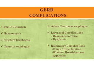 GERD
COMPLICATIONS
 Peptic Ulceration
 Hemetemesis
 Stricture Esophagus
 Barrett’s esophagus
 Adeno Carcinoma esophagus
 Laryngeal Complications
- Hoarseness of voice
- Dysphonia
 Respiratory Complications
-Cough / Expectoration
-Wheeze / Breathlessness
-Aspiration
 