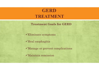 GERD
TREATMENT
Treatment Goals for GERD
Eliminate symptoms
Heal esophagitis
Manage or prevent complications
Maintain remission
 