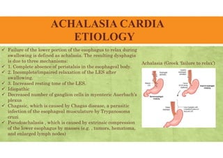 ACHALASIA CARDIA
ETIOLOGY
 Failure of the lower portion of the esophagus to relax during
swallowing is defined as achalasia. The resulting dysphagia
is due to three mechanisms:
 1. Complete absence of peristalsis in the esophageal body.
 2. Incomplete/impaired relaxation of the LES after
swallowing.
 3. Increased resting tone of the LES.
 Idiopathic
 Decreased number of ganglion cells in myenteric Auerbach’s
plexus
 Chagasic, which is caused by Chagas disease, a parasitic
infection of the esophageal musculature by Trypanosoma
cruzi
 Pseudoachalasia , which is caused by extrinsic compression
of the lower esophagus by masses (e.g. , tumors, hematoma,
and enlarged lymph nodes)
Achalasia (Greek ‘failure to relax’)
 