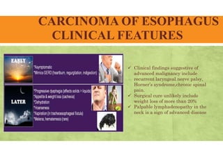 CARCINOMA OF ESOPHAGUS
CLINICAL FEATURES
 Clinical findings suggestive of
advanced malignancy include
recurrent laryngeal nerve palsy,
Horner’s syndrome,chronic spinal
pain.
 Surgical cure unlikely include
weight loss of more than 20%
 Palpable lymphadenopathy in the
neck is a sign of advanced disease
 