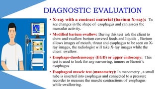 DIAGNOSTIC EVALUATION
• X-ray with a contrast material (barium X-ray): To
see changes in the shape of esophagus and can assess the
muscular activity.
• Modified barium swallow: During this test ask the client to
chew and swallow barium covered foods and liquids , Barium
allows images of mouth, throat and esophagus to be seen on X-
ray images, the radiologist will take X-ray images while the
client swallow.
• Esophago-duodenoscopy (EGD) or upper endoscopy: This
test is used to look for any narrowing, tumors or Barrett’s
esophagus.
• Esophageal muscle test (manometry): In manometry , a small
tube is inserted into esophagus and connected to a pressure
recorder to measure the muscle contractions of esophagus
while swallowing.
 