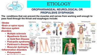 ETIOLOGY
The conditions that can prevent the muscles and nerves from working well enough to
pass food through the throat and esophagus include:
OROPHARANGEAL NEUROLOGICAL OR
PROPULSIVE DYSPHAGIA
•Stroke
•Brain or spine injury
•Nervous system
disorders
• Multiple sclerosis
• Myasthenia Gravis
or Gold flam Disease
• Post-polio syndrome
• Parkinson’s disease
• Muscular dystrophy
•Inflammation disorders
• Polymyositis
 
