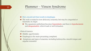 Plummer – Vinson Syndrome
 Post-cricoid web that results in dysphagia.
 The web is related to iron deficiency anaemia, but may be congenital or
traumatic in origin.
 The squamous epithelium becomes hyperplastic and there is hyperkeratosis
and desquamation, which leads to web formation.
Clinical features
 Middle-aged females
 Dysphagia is the main presenting complaint,
 Symptoms and signs of anaemia, including koilonychia, smooth tongue and
angular stomatitis
25
 