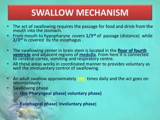 SWALLOW MECHANISM
• The act of swallowing requires the passage for food and drink from the
mouth into the stomach.
• From mouth to hypopharynx covers 1/3rd of passage (distance) while
2/3rd is covered by the esophagus .
• The swallowing center in brain stem is located in the floor of fourth
ventricle and adjacent regions of medulla. From here it is connected
to cerebral cortex, vomiting and respiratory centre.
• All these areas works in coordinated manner to provides voluntary as
well the involuantary control of swallowing.
• An adult swallow approximately 580 times daily and the act goes on
unconsciously .
• Swallowing phase
– Oro-Pharyngeal phase( voluntary phase)
– Esophageal phase( involuntary phase)
 