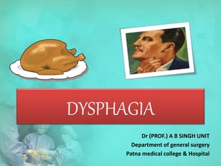 DYSPHAGIA
Dr (PROF.) A B SINGH UNIT
Department of general surgery
Patna medical college & Hospital
 