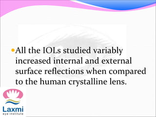 All the IOLs studied variably
increased internal and external
surface reflections when compared
to the human crystalline lens.
 