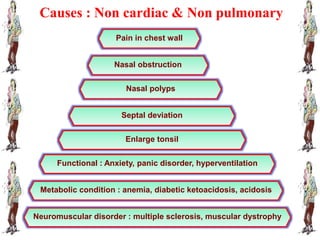 Causes : Non cardiac & Non pulmonary
Metabolic condition : anemia, diabetic ketoacidosis, acidosis
Pain in chest wall
Neuromuscular disorder : multiple sclerosis, muscular dystrophy
Nasal obstruction
Nasal polyps
Septal deviation
Enlarge tonsil
Functional : Anxiety, panic disorder, hyperventilation
 