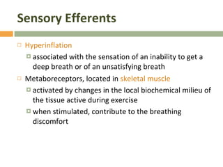 Sensory Efferents Hyperinflation  associated with the sensation of an inability to get a deep breath or of an unsatisfying breath Metaboreceptors, located in  skeletal muscle activated by changes in the local biochemical milieu of the tissue active during exercise when stimulated, contribute to the breathing discomfort 
