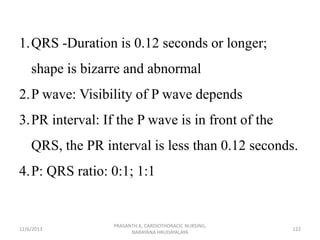 1.QRS -Duration is 0.12 seconds or longer;
shape is bizarre and abnormal

2.P wave: Visibility of P wave depends
3.PR inte...