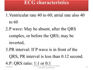 ECG characteristics
1.Ventricular rate 40 to 60; atrial rate also 40
to 60
2.P wave: May be absent, after the QRS
complex,...